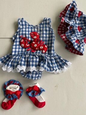Mudpie Baby Girl Gingham Swim Sun Suit Set Lobster ~ Suit,Hat,Socks